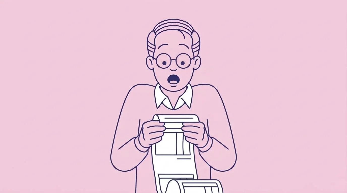 Ilustración de un hombre con gafas que sostiene una factura larga que cae hasta el suelo