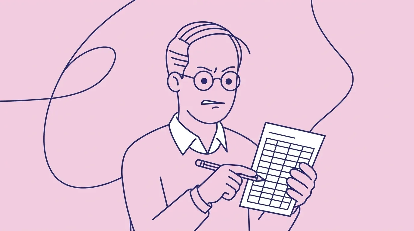 Ilustración de un hombre con gafas que señala con un lápiz una línea de un presupuesto