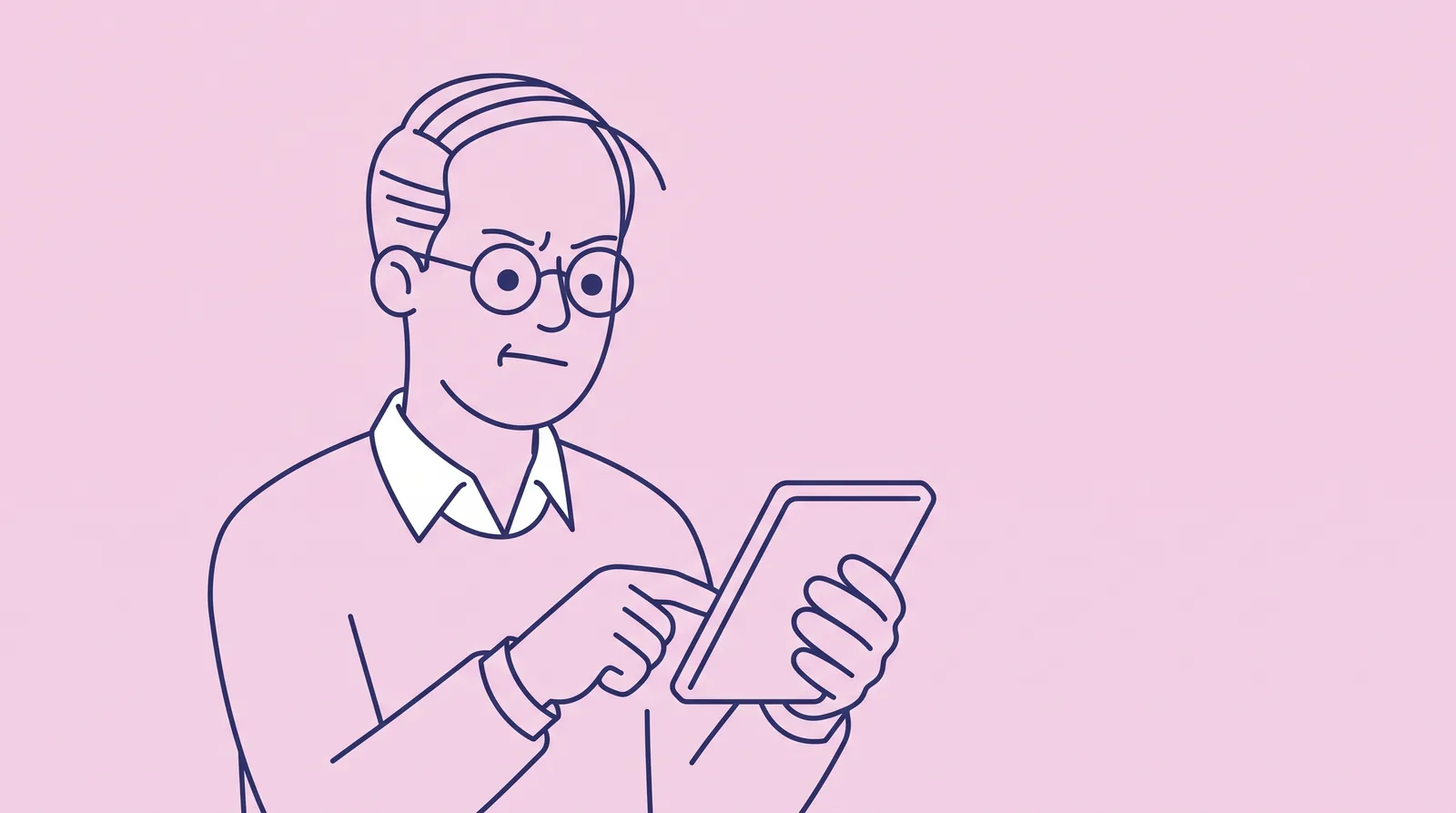 Ilustración de un hombre con gafas redondas que revisa con desconfianza una tableta