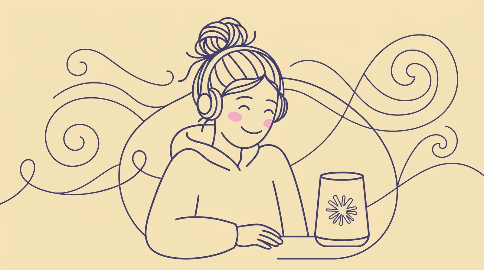 Ilustración de una mujer que habla a un altavoz inteligente
