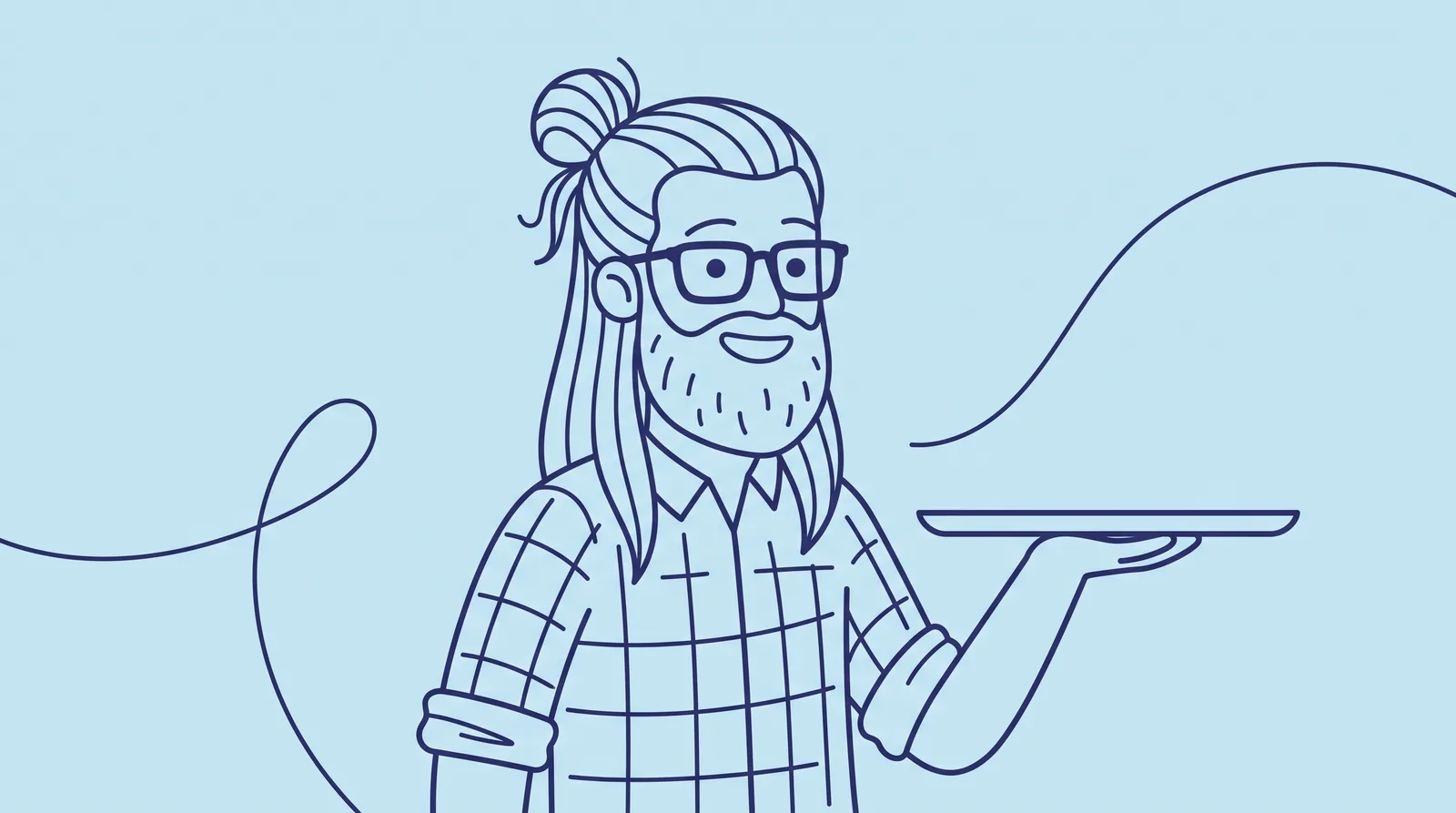 Ilustración de un hombre que sostiene una bandeja con productos