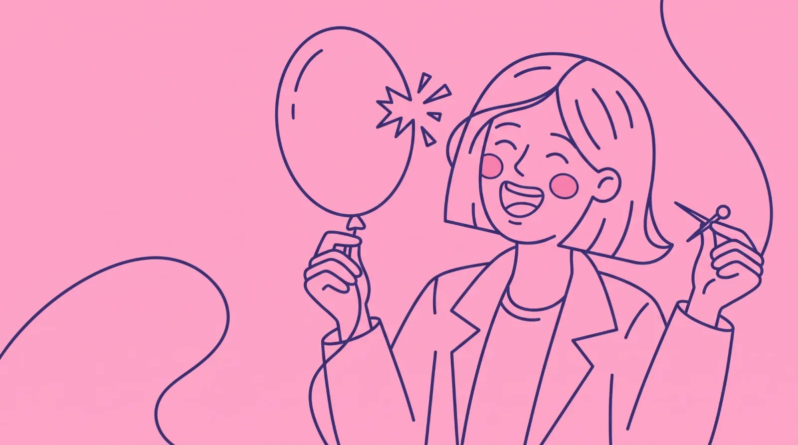 Ilustración de una mujer que pincha un globo con un alfiler
